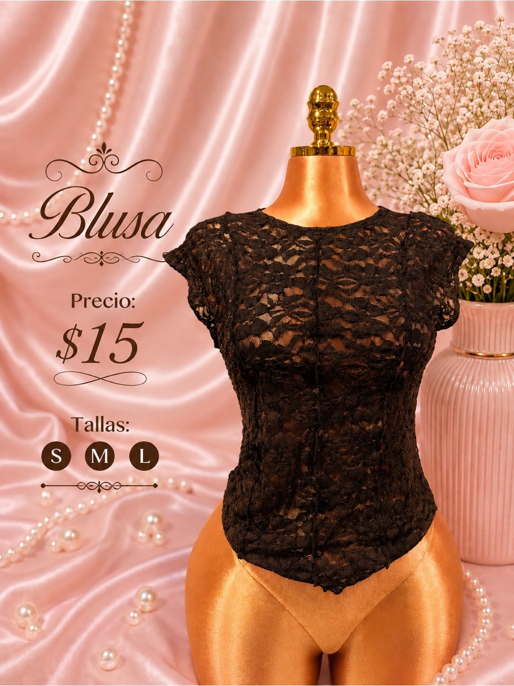 Black Lace Short-Sleeve Women's Top S/M/L